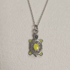 Turtle Enamel Green Pendant Marcasite Necklace Solid Sterling Silver 19"
